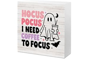 GEJOYSE Cute Halloween Decor Halloween Decorations Indoor Hocus Pocus I Need Coffee to Focus Sign Halloween Sign Decor Decorations for Home Coffee Bar Shop Station 5 x 5 inch