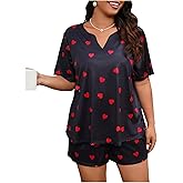 WDIRARA Women's Plus Size Heart Print Pajama Set Notch V Neck Shorts 2 Piece Lounge Sets