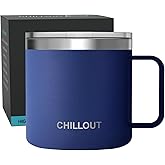 CHILLOUT LIFE Stainless Steel 16 oz Vacuum Insulated Coffee Mug with Handle and Lid, Large Thermal Camping Coffee Mug Cup with Durable Sliding Top for Men & Women - Keeps Beverages Hot/Cold