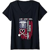 Womens American Flag Nurse Day Gifts, Week Gift Nurse, Nurse's Day V-Neck T-Shirt