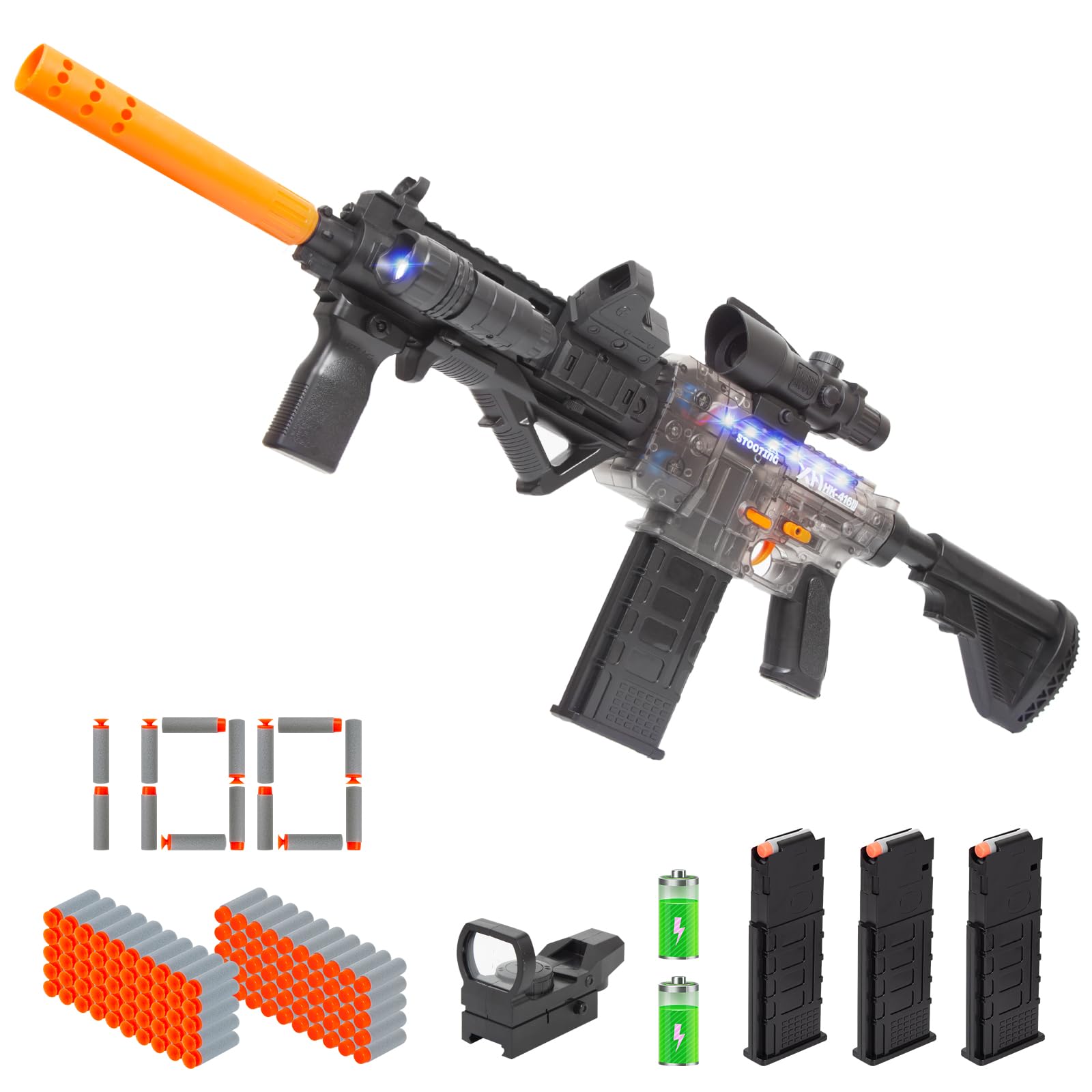 Photo 1 of ***PARTIAL SET - PRICE ADJUSTED***
Realistic M416 Rifle Toy Set, Semi-Auto Sniper Foam Blaster, Electric Toy Gun with LED, Scope, Sight, Flashlight, 3 Magazines & 100 Soft Bullets for Nerf Guns Darts, Festival Gift for 8-12 Ages Kids