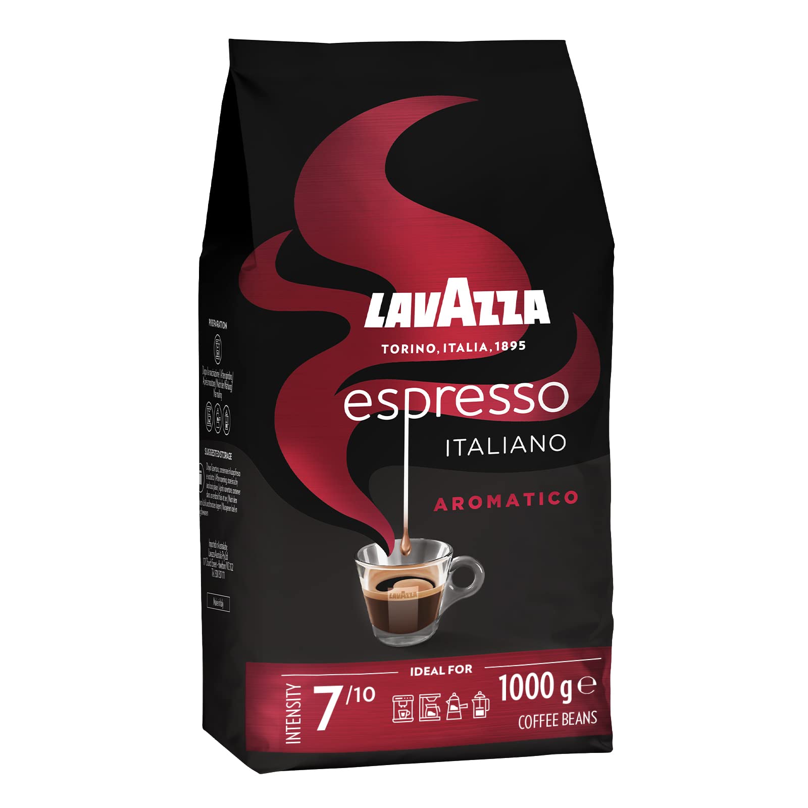 Lavazza, Espresso Aromatico, Arabica & Robusta Kaffeebohnen, Ideal für Espressomaschinen, Schokolade & Trockenfrüchte Aromen, Aromatischer Geschmack, Intensität 7/10, Leichte Röstung, 1kg Packung