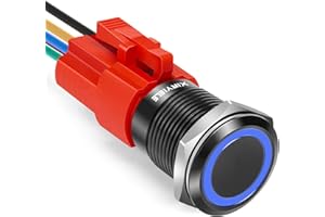 XINYIELE 16MM Latching 12V Push Button Switch On Off,Waterproof with LED Light Power Button Switch for car，0.63" Mounting Hole with Wire Socket Plug Self-Locking(Ring Blue LED/Black Shell