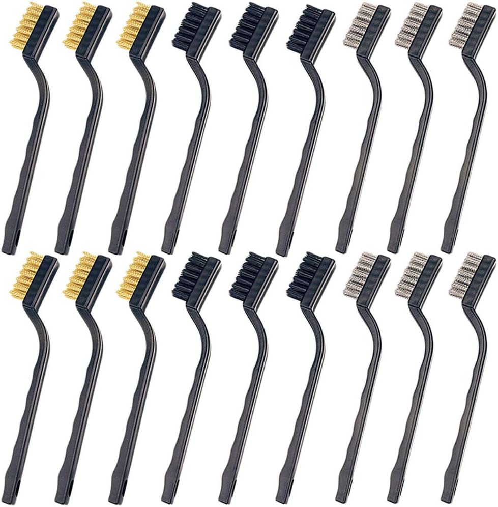 CKANDAY18 Pack Mini Wire Brush Set(Stainless Steel + Brass+Nylon), Curved Handle Masonry Bristle Scratch Brush for Cleaning Welding Slag and Rust,6 pcs Per Type