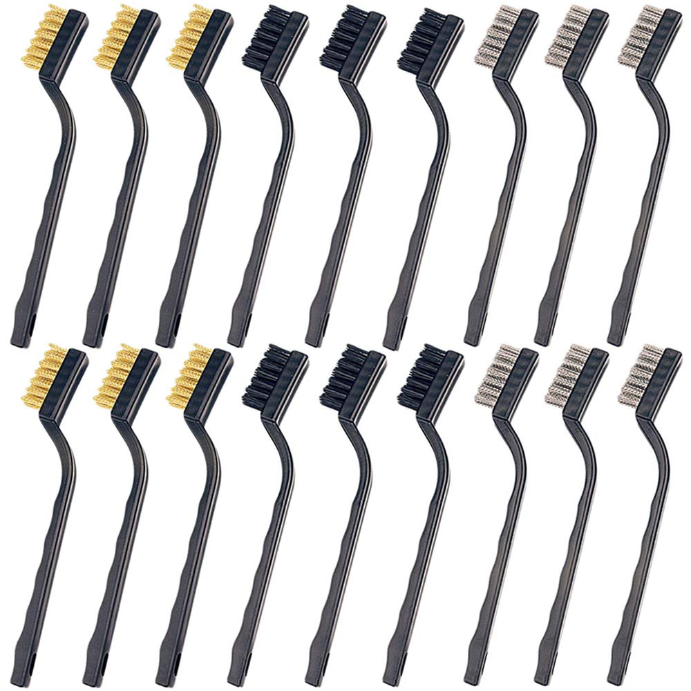 CKANDAY18 Pack Mini Wire Brush Set(Stainless Steel + Brass+Nylon), Curved Handle Masonry Bristle Scratch Brush for Cleaning Welding Slag and Rust,6 pcs Per Type