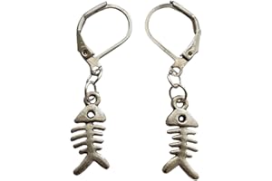 WYGUYO Fish Bone Lever Back Earrings, Small Fish Skeleton Dangle Clip Earrings, Quirky Geek Jewelry for Fishing Lover
