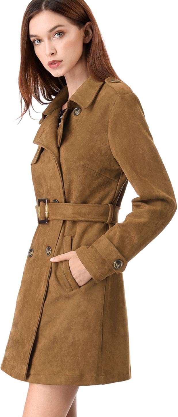 Allegra K Women's Notched Lapel Double Breasted Faux Suede Trench Coat Jacket with Belt: Clothing