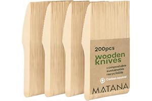 MATANA 100% Natural Bamboo Wooden Knives 6.5" Inch/ 16.5cm (200 Pack) Compostable Cutlery, Biodegradable Utensils for Caterin