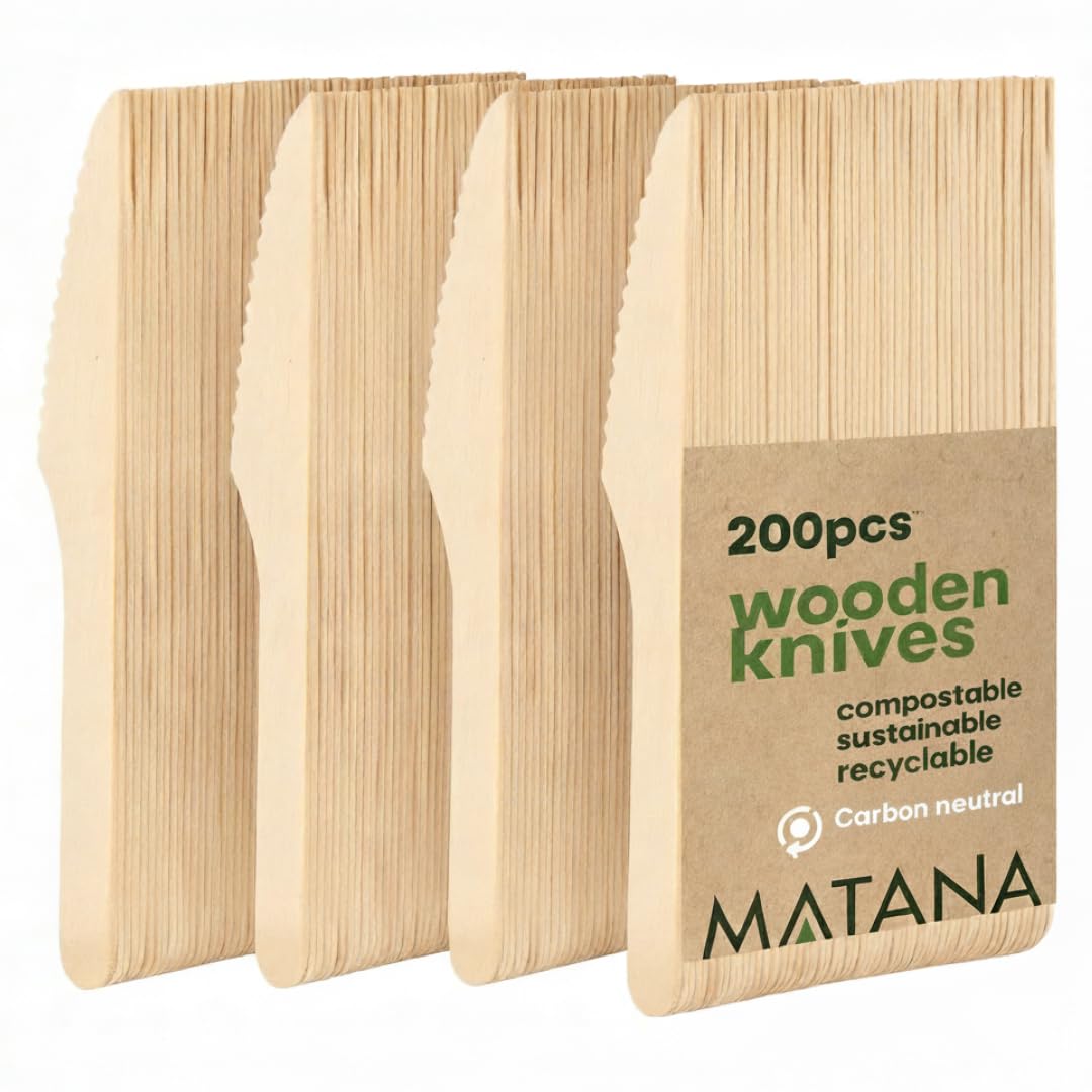MATANA 200 Premium Wooden Knives 16cm – Serrated Wood Knife Cutlery for BBQs, Picnics, Weddings, Parties & Catering - Biodegradable Compostable - Plastic-Free Alternative
