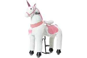 PONYEEHAW Ride on Unicorn Toys, Kids Riding Unicorn Toys Ride on Toys for 6-14 Years Old, Premium Plush Animals Toys Walking Unicorn with Wheels (White and Pink, 31.5" L x 13" W x 36.2" H)