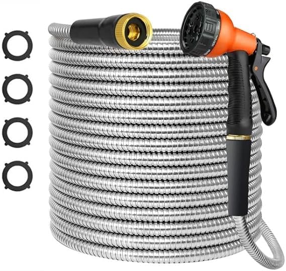 Photo 1 of TOPUPHOE Metal 25 FT Garden Hose, Stainless Steel Heavy Duty Water Hoses Adjustable Spray Nozzle Lightweight No Kink Garden Hoses for Yard, Outdoor,Car