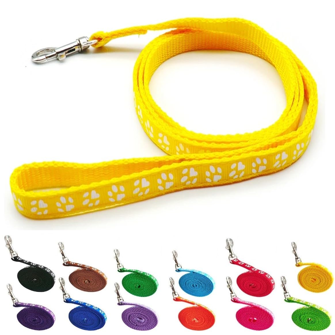Small Dog Puppy Pet Cat Kitten Lead Pawprint Design Lightweight Nylon Metal Clip 120cm Leash Yellow