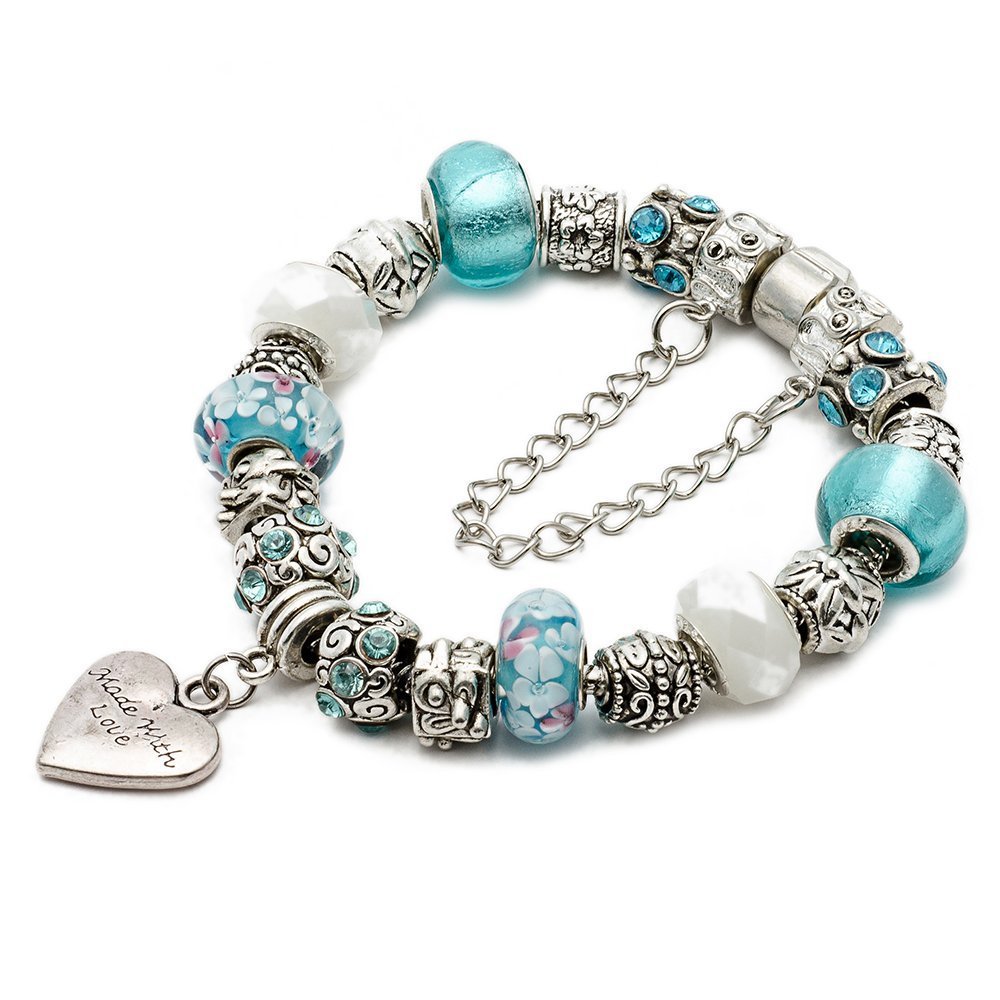 RUBYCA Silver Tone European Charm Bracelet 7.9" Blue Murano Glass Beads DIY Jewelry Making Kit 7