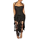 Ptorlio Sexy Women's Mini Halter Dress Birthday Party Club Ruffle Tassel Backless Bodycon Short Dresses