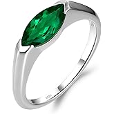 LUO Simple 925 Sterling Silver Marquise Cut 5x10 MM Gemstone East West Engagement Ring for Women