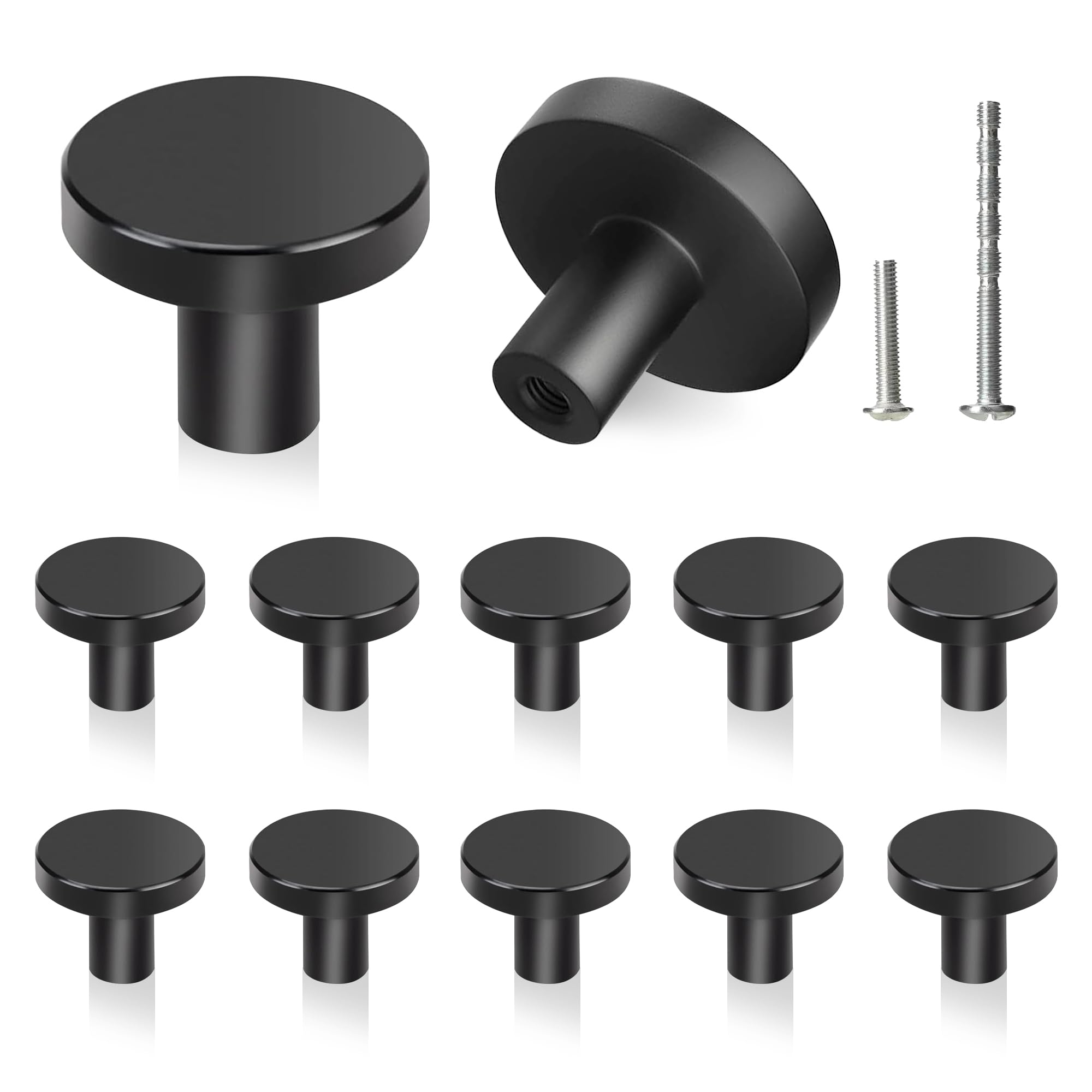 YSDMY 12 Pcs Black Cupboard Knobs and Handles - 30mm Round Antique Pull Handle for Wardrobe Furniture Hardware - Two Sizes of Screws Included
