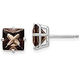 14k White Gold Stud Earrings with Square Smoky Quartz, Four Prong Setting, Real Gold Modern Studs, Brown Gemstone Earrings for Women, Elegant Minimalist Design for Daily Wear or Formal Looks 8x8 mm
