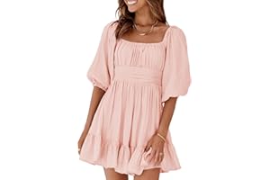 Dokotoo Womens Summer Dresses Square Neck Tie Back Lantern Sleeve Ruffle A-Line Casual Dress