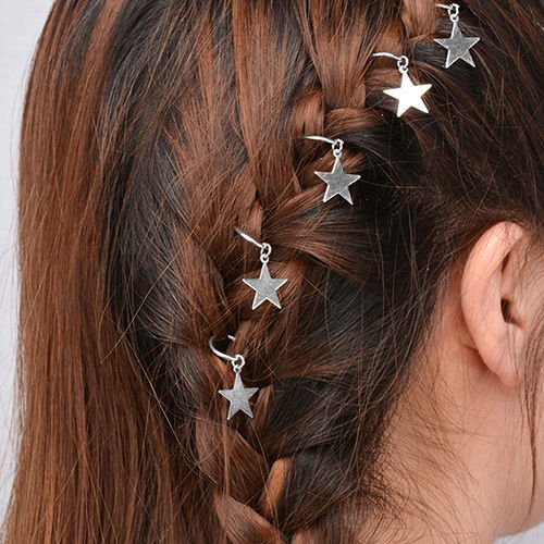 5Pcs Women's Fashion Shiny Star Hair Rings Hair Clips for Braids Plaits Eyeful Silver