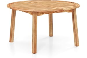 Tangkula Outdoor Round Dining Table for 4-6 People, 53 inch Patio Table with Acacia Wood Tabletop, 2 inch Umbrella Hole, Farmhouse Dining Furniture for Yard, Deck, Garden, Poolside