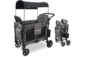WONDERFOLD W2 Elite Double Stroller Wagon Featuring 2 High Seats with 5-Point Harnesses, Adjustable Push Handle, and Height Adjustable UV-Protection Canopy, W2 Elite Gray