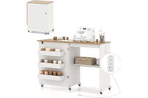 LDAILY Moccha Sewing Machine Table with Charging Station, Folding Sewing Table with Storage Trays, Shelf & Rack, Lockable Casters, Foldable Sewing Desk for Home Apartment, Studio, Small Spaces