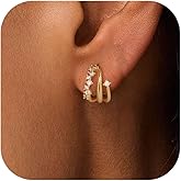 Gold Earrings For Women, 14K Gold Plated Illusion Stud Earrings Dainty Illusion Huggie Earring For Women Trendy Unique Triple Huggie Earring Cute Hoop Stud Non Tarnish Hypoallergenic Jewelry