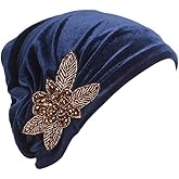 YiYi Operation Women's Stretch Velvet Turban Hat Cancer Chemo Beanie Beaded Flower Hair Wrap Cap Headwear