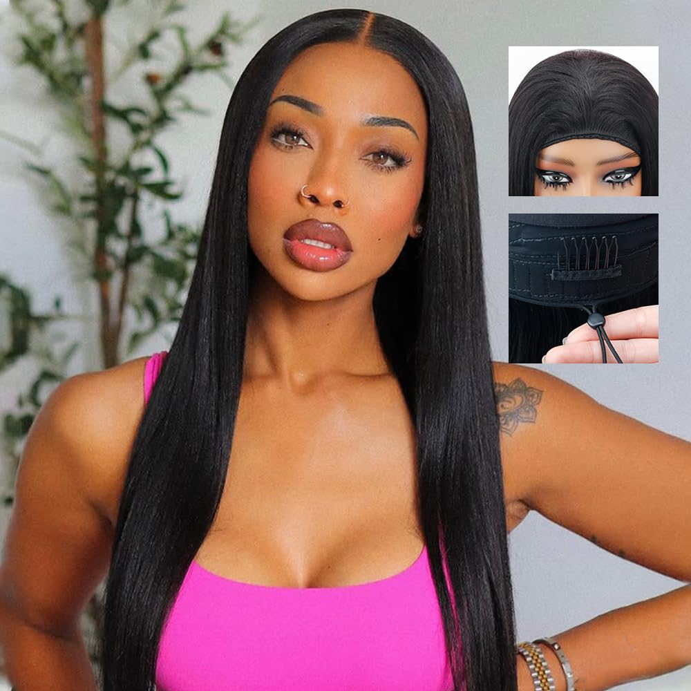 Photo 1 of Amznlady Glueless Wigs Human Hair Upgrade 3 IN 1 Straight Half Wig Human Hair With Drawstring Ponytail for Black Women 180% Density Headband Wigs Natural Color 26 Inch