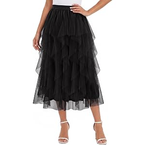 DRESSTELLS Women's Tulle Skirts, Midi Long A-line Elastic High Waist Fairy Tutu Skirt with Layered Ruffle