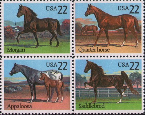 AMERICAN HORSES #2158a Block of 4 x 22Ãƒâ€šÃ‚Â¢ US Postage Stamps by U.S. Mail