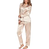 SWOMOG Womens Silk Satin Pajamas Set Long Sleeve Button Down Sleepwear 2 Piece Lounge Set Pj Set XS-3XL