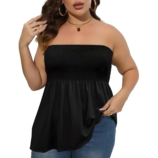 Comeon Women's Plus Size Tube Tops Strapless Blouse Pleated