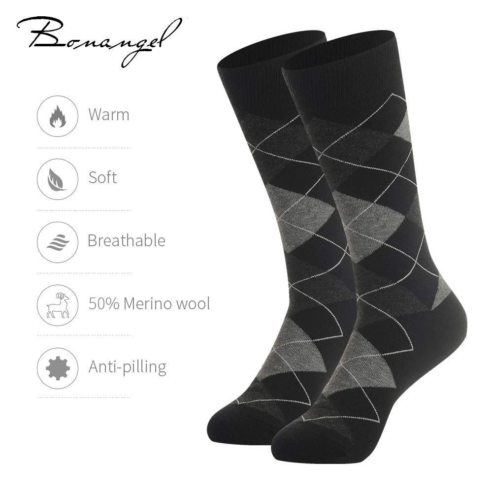 Men’s Merino Wool Socks,Dress Socks,Bonangel Winter Thermal Crew Socks,Solid Color & Argyle,Lightweight, Christmas Gift