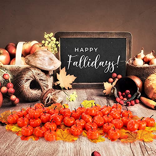 HAKACC 48 PCS Mini Fake Pumpkins Mini Artificial Pumpkins with 30 PCS Fake Maple Leaves, Small Cute Realistic Foam Pumpkin for Halloween Decoration, Fall Harvest Thanksgiving Party Decoration