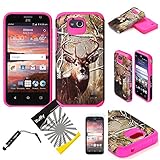 For ZTE Overture 2 - ZTE Fanfare - ZTE Maven - ZTE Scend - ZTE Atrium ITUFFY (TM) 3items Combo: Screen Protector + Stylus Pen + Dual Layer Impact Resistance Hybrid Armor Case (Tree Deer Hot Pink)