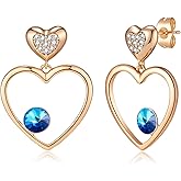 EVEVIC Austrian Crystal Double Gold Heart Dangle Earrings for Women 14K Gold Plated Hypoallergenic drop Earring Jewelry Gift