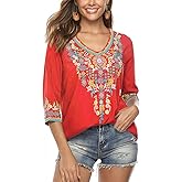 Grosy Womens Casual Summer Tops, Hippie Clothes, Traditional Floral Embroidered Boho Shirt, Mexican Peasant Blouses for Women