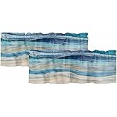2 Pack Coastal Nautical Kitchen Valances for Windows, Ombre Navy Blue Short Valance Curtains Rod Pocket Window Treatments Modern Abstract Beach Wave Valances for Living Room 42x12 Inch, 2 Panels