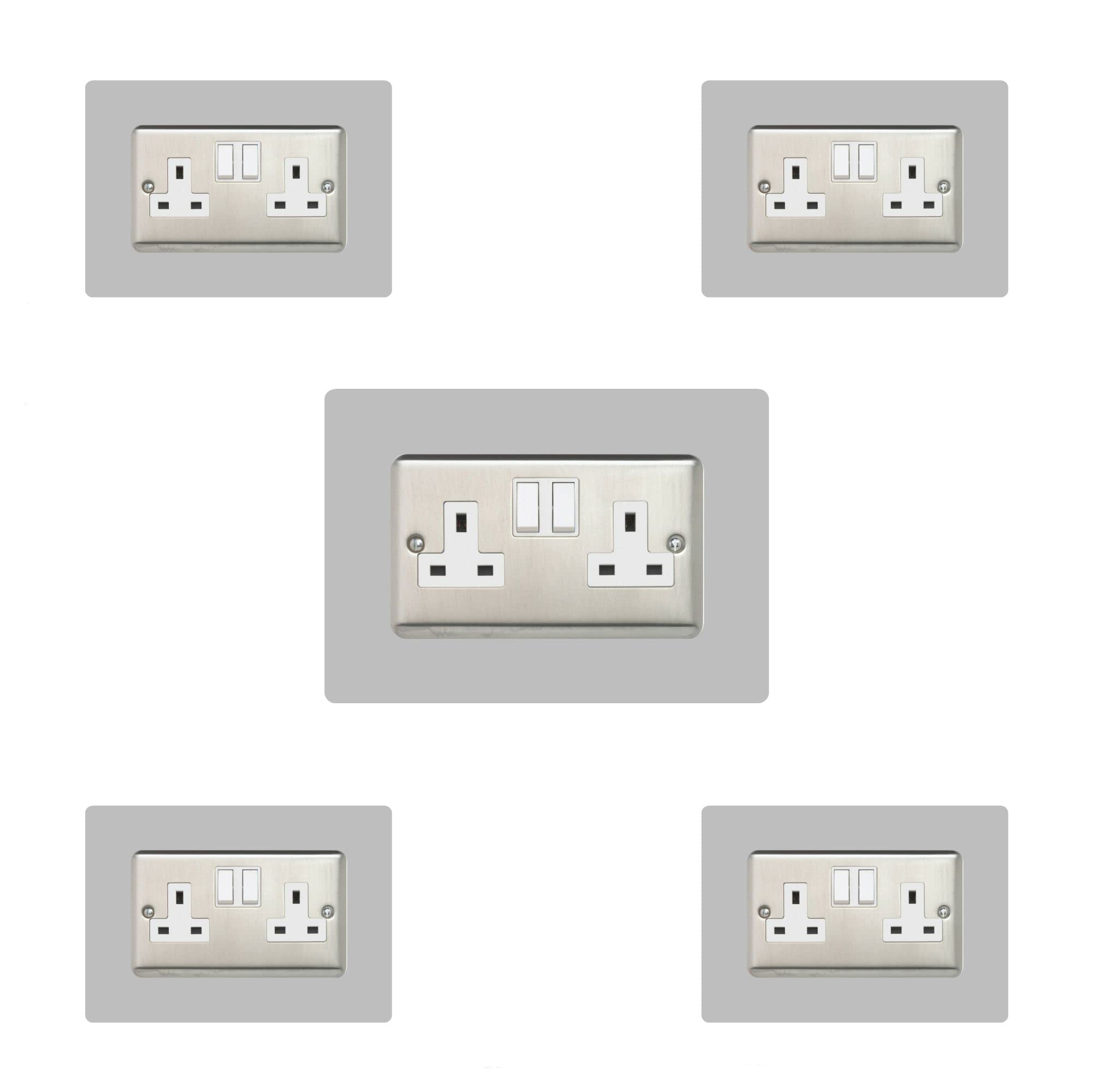 5X Double Socket Surround, Acrylic Back Panel or Plate, Protect Wall from Finger Prints, Font Colour:Grey