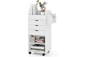 LOKO Rolling Storage Drawer Cart, Mobile Storage Cabinet with 3 Drawers, 2 Open Shelves, 2 Dowel Rods, Wooden Craft Organizer Utility Cart with Lockable Casters for Home, Office, Kitchen, Bathroom
