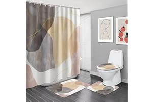 Yizheer 4PCS Boho Abstract Wavy Shower Curtain Set Art Bathroom Shower Set with Shower Curtain,Rugs,Toilet Lid Cover and Bath Mat