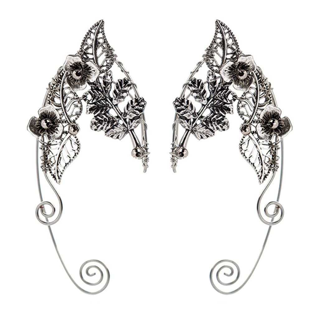 Lurrose 1 Pair Elf Ear Cuffs Silver Vintage Clip-on Earrings Ear Wrap Crawler Hook Fairy Non-Piercing Cuff Earrings for Women Girls Party Festival Jewelry