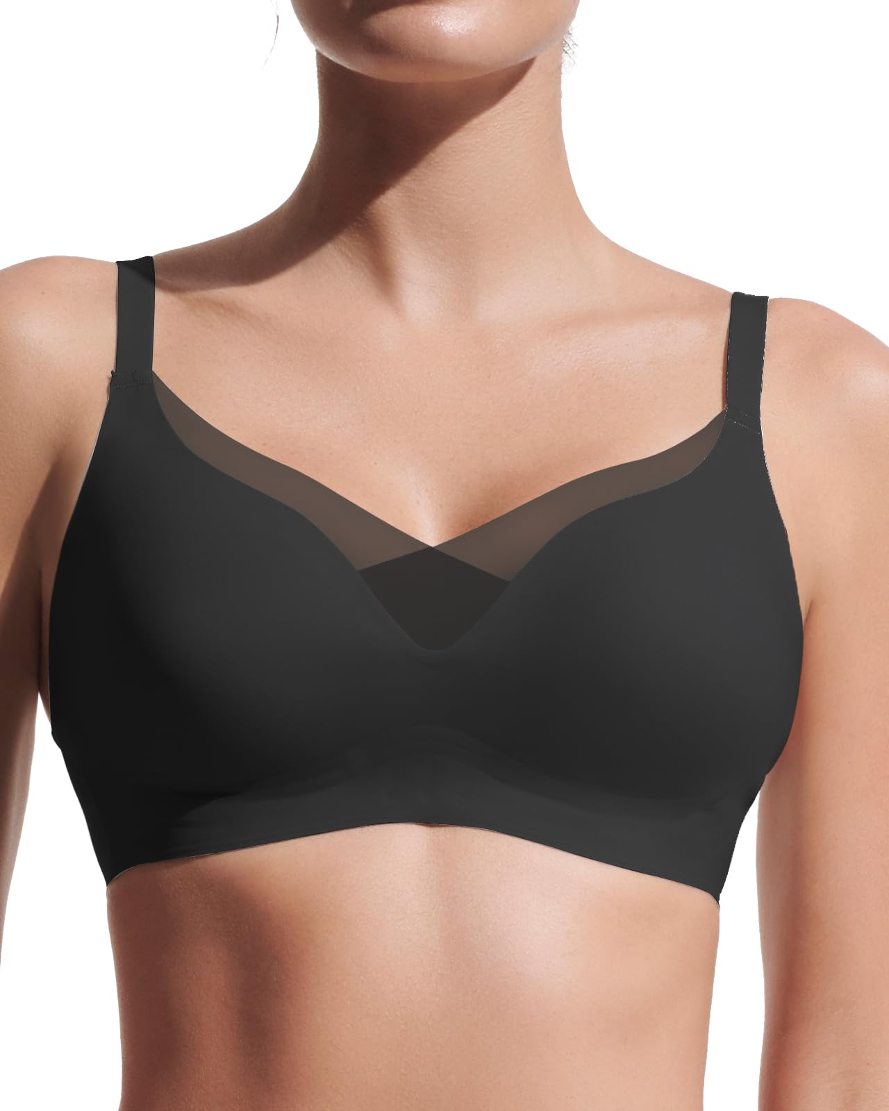 Photo 1 of Ubras Wireless Bras for Women Soft Support Bralette Mesh V Neck Full Coverage Seamless Bras No Underwire Black XL 38B-38C