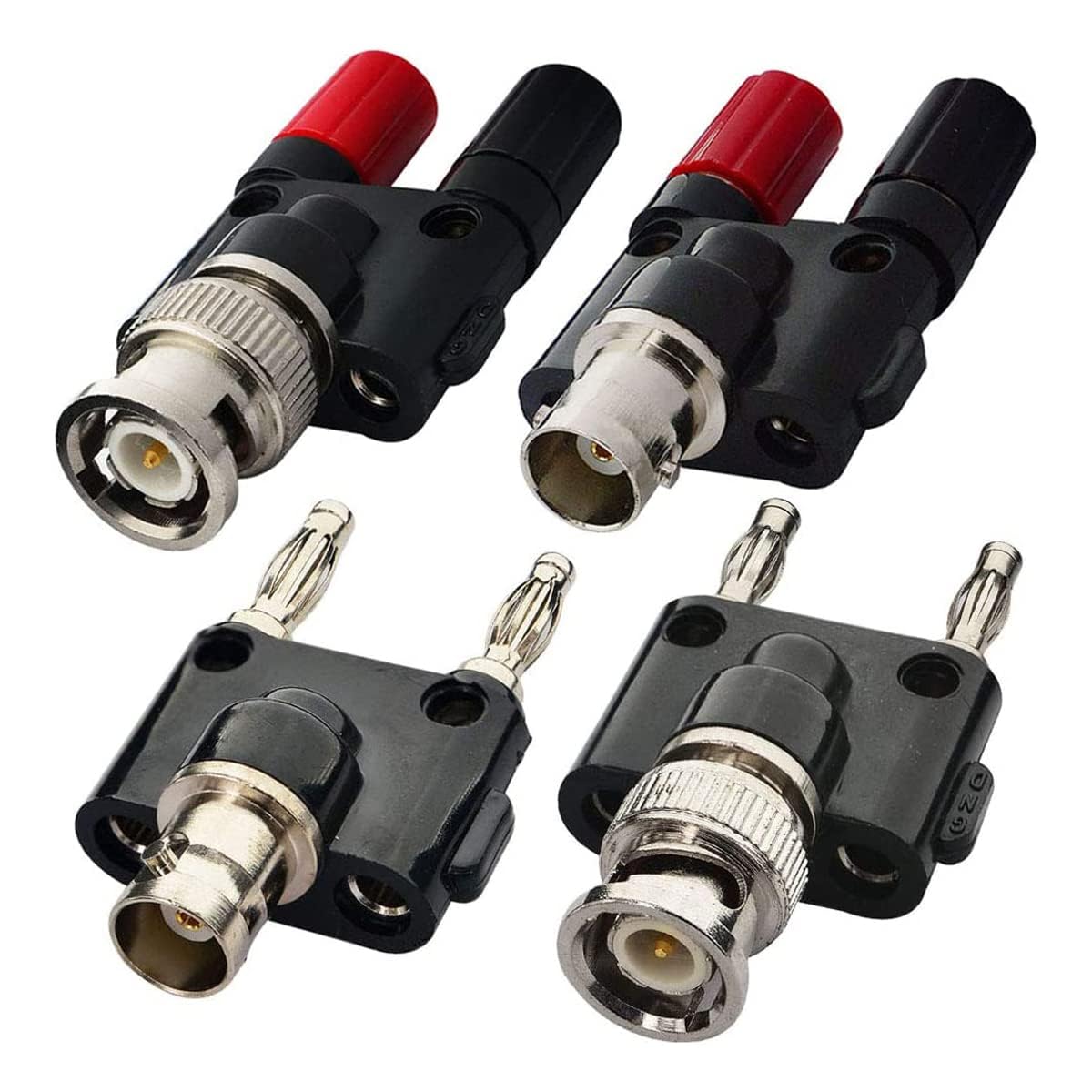 Photo 1 of BNC Kits 4 Type BNC Male Female to 2X 4mm Dual Banana Female Male Socket Binding Post RF Coax Coaxial Splitter Connector BNC Banana Adapter (Black)