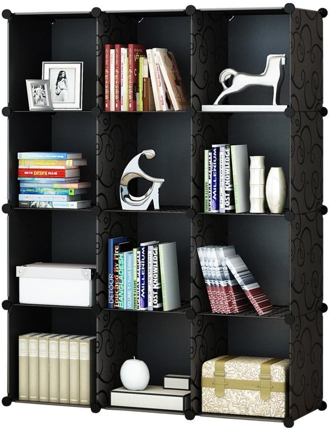 Koossy Portable Storage Shelf Cube Shelving Bookcase Bookshelf Cubby Organizing Closet Toy Organizer Cabinet, Black, 12 Cubes