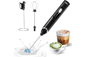 RAFOW Handheld Electric Milk Frother: 3 Speeds & Detachable Double Whisk Drink Mixer, Rechargeable Frother Wand with Stand, C