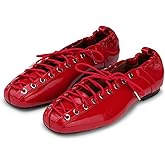 Agodor Lace-Up Red Ballet Flats Leather Ballerina Flat for Women Slip on Square Round Closed Toe Comfort Business Casual Daily Dress Shoes US6.5