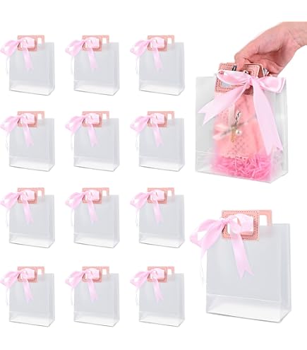 Bolsas De Regalo Transparentes Rosas Con Lazo - Pack De 12 Unidades, 15x7x16 Cm, Incluye Cinta - Para Fiestas, Bodas, Cumpleaños Y Más