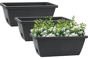 GREANER Rectangular Window Boxes with Trays, 3 Packs Modern Vegetable Planters, 13.8Inch Plastic Flower Boxes Container for Windowsill, Patio, Garden, Balcony, Porch, Indoor and Outdoor Use, Black
